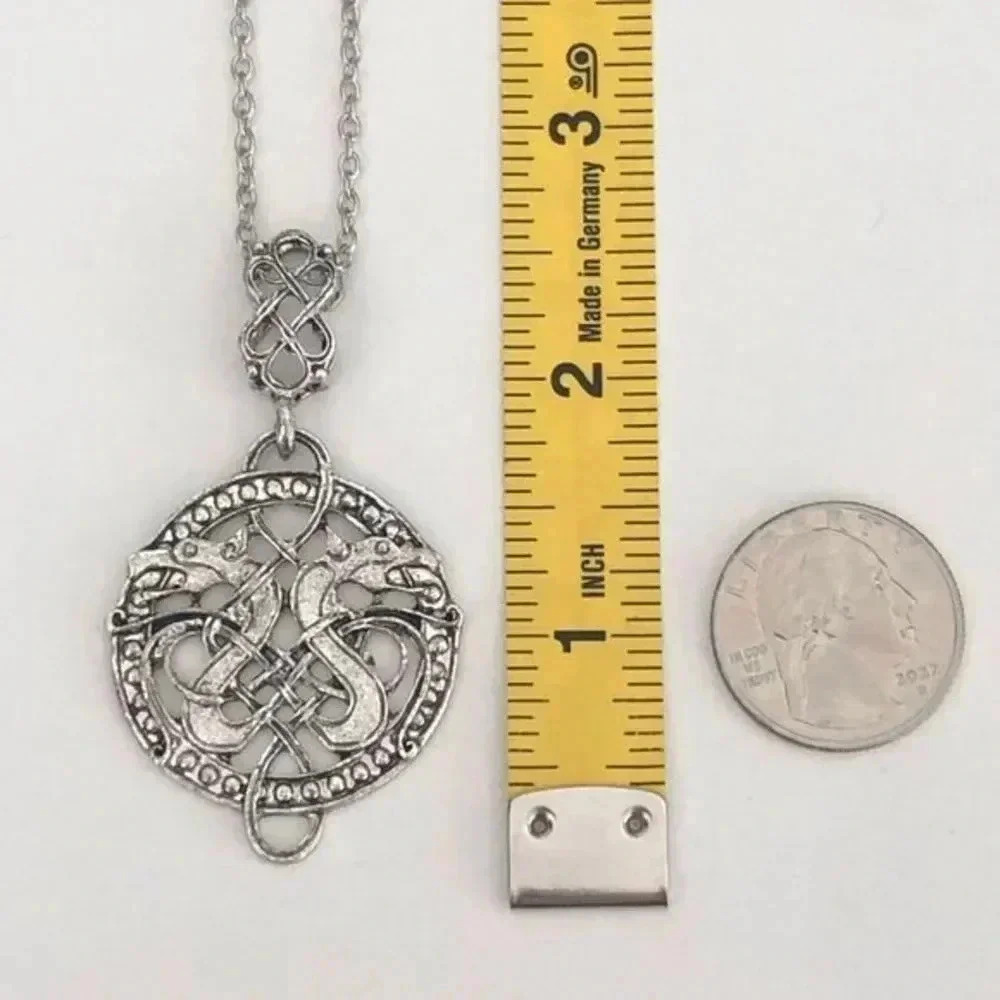 3 for $25/ Double Dragon Viking Celtic Knot Medallion Silver Necklace NWT - Picture 2 of 3